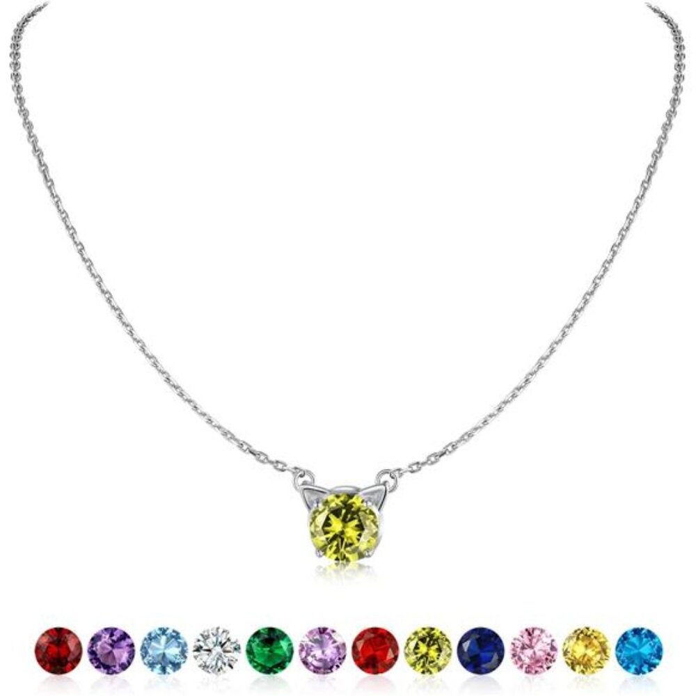 Birthstone Necklace Women Sterling Silver Pendant Cute Antler Cat Ear